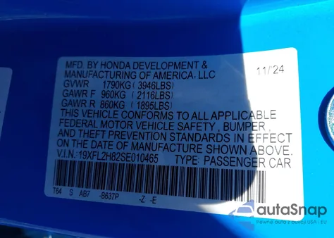 2025 Honda Civic Sedan Sport from USA, damaged, VIN 19XFL2H82SE010465